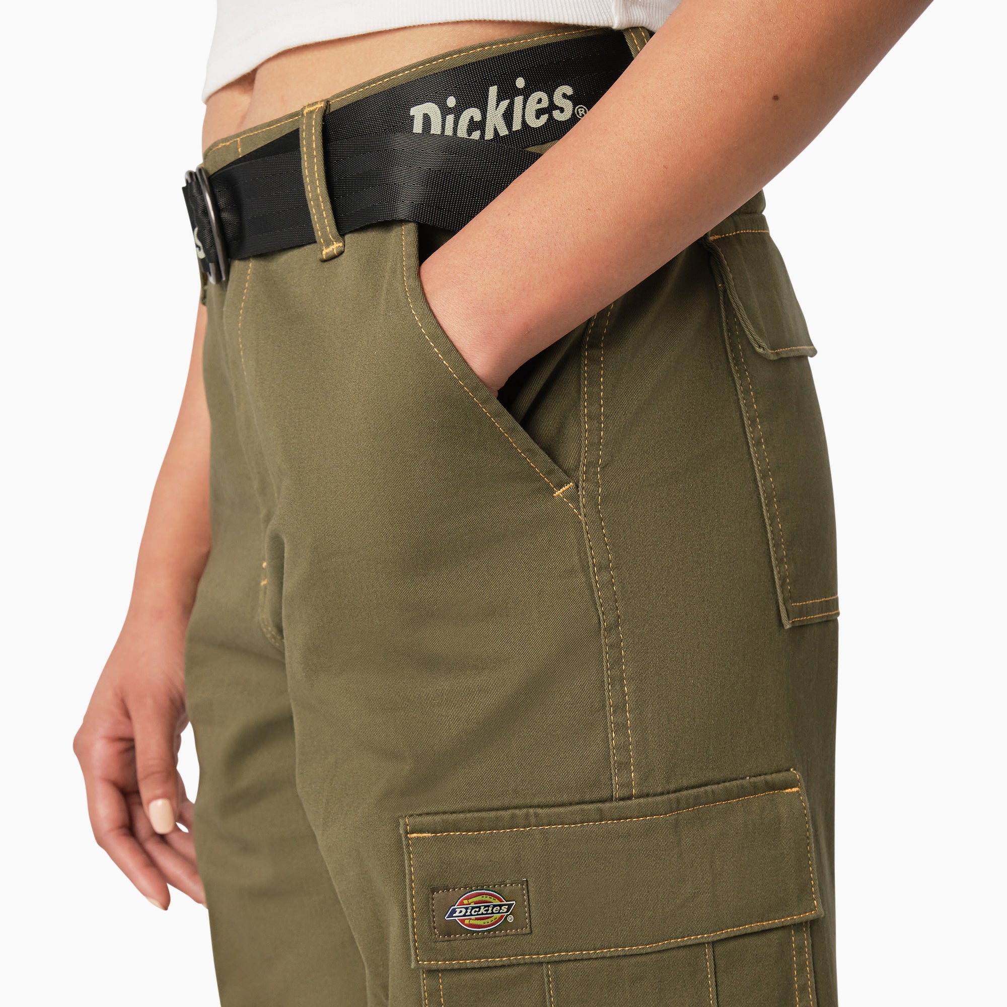 Women's Relaxed Fit Contrast Stitch Cropped Cargo Pants - Image 6