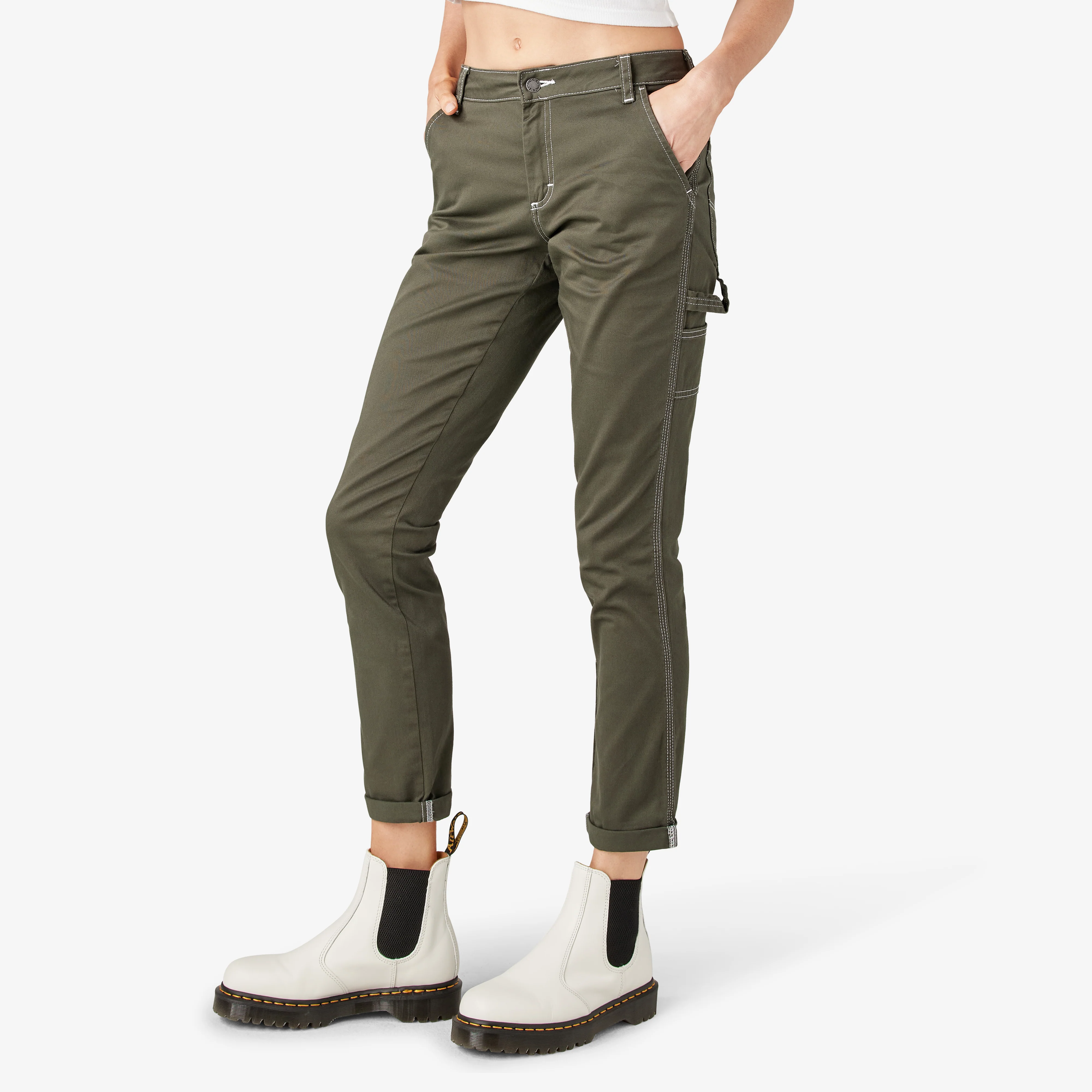 Women's Slim Straight Fit Roll Hem Carpenter Pants - Image 3
